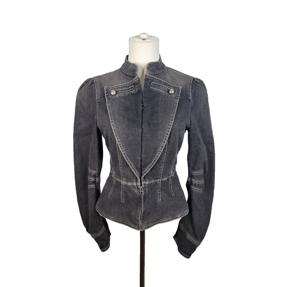 Marc Jacobs Gray Denim Fitted Jacket Size 4 Puff Sleeve Moto Military Style